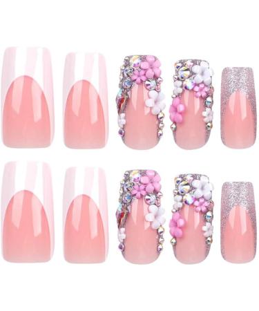 Shop Pink Glossy Ballerina French Press On Nails - 24Pc Acrylic False Nails with Rhinestones & White Tips for Women | International Shipping Available - Buy Online on GoSupps.com