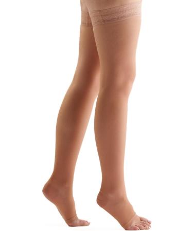 EvoNation Women's USA Made Thigh High Open Toe Compression Stockings 20-30 mmHg - Small Tan Beige Nude - Buy Online on GoSupps.com