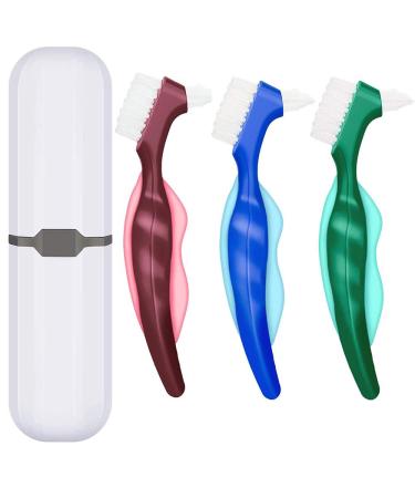 3 pieces of prosthesis brush brush for prostheses with a portable white carrying bag multi -layered bristles double -angled brush heads ergonomic handle for prosthesis care (3 colors)