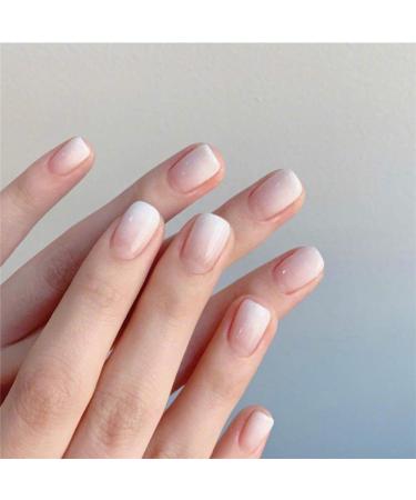 Aimimier 24Pcs French Ombre False Nails Glossy Gradient Full Cover Short Square Fake Nails with Glue Salon Clip on Fingernails for Women and Girls (White)