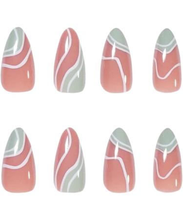 Justotry 24 Pcs Almond False Nails Short Wavy Press on Nails - Olive Green French Stiletto Stick on Nails with Nail Glue - Swirl Pattern Fake Nails for Women - Teal2 - Buy Online on GoSupps.com