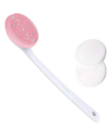 DNC Shower Brush Silicone Bath Body Brush - Back Scrubber for Shower Back Brush Skin Exfoliating Brush with Long Handle Back Cleaning Washer for Men Women Light Pink
