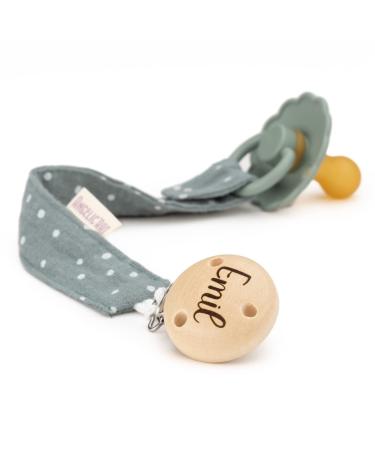 AngelicArt pacifier clip with engraved name for boys and girls - large selection of colors - muslin dotted (dark mint)