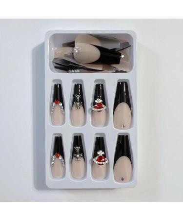 MENILITHS 24Pcs/Set Long False Nails French Black Planet Diamond False Nails Acrylic Fake Nails Full Cover Nails Tips Artificial Finger Manicure for Women and Girls - Buy Online on GoSupps.com