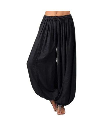TRENDINAO Women's Harem Yoga Pants, Casual Linen Comfortable Loose Baggy Solid Wide Leg Waist Tie Harem Trousers Medium A-black