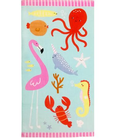 YIFONTIN Beach Towel for Kids Velour Terry Blanket Throw 100% Cotton 25.5X51 inches for Swimming Bath Travel Camping and Picnic, Flamingo Lobster Octopus. Ocean Park 25.5"x51"