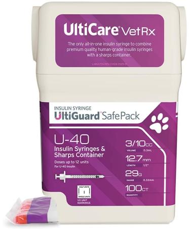 UltiCare VetRx U-40 UltiGuard Safe Pack Pet Insulin Syringes 3/10cc, 29G x 1/2", 100ct (with 1/2 Unit Markings)