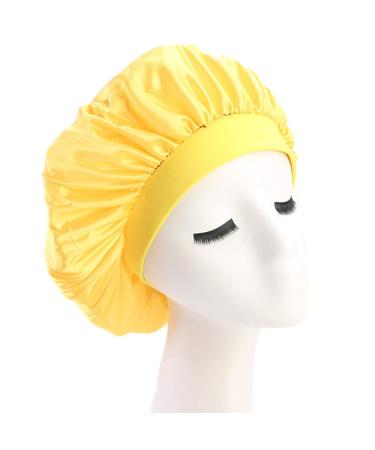 Elastic Wide Band Night Sleep Cap Hair Bonnet Hat Sleeping Head Cover for Women Girls (Yellow)