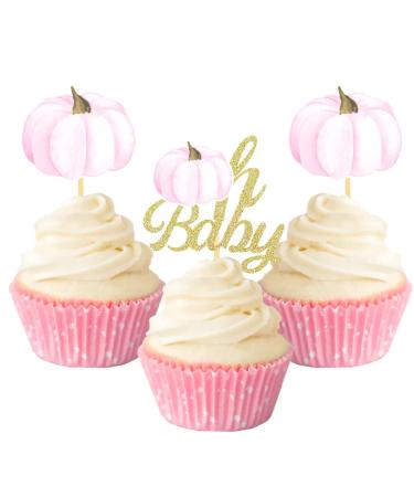 Oh Baby Pumpkin Cupcake Toppers 24 Pcs Pumpkin Cupcake Topper for Fall Pumpkin Baby Shower Gender Reveal Decoration (Pink)