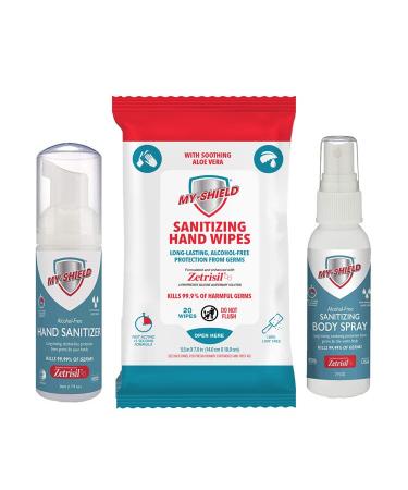 My-Shield Travel Bundle with (1 each) 1.7 oz Hand Sanitizer Foam 20 cnt Travel Wipes and 2.0 oz Sanitizing Body Spray. Alcohol-Free Long-lasting Protection. Kills 99.9% of Germs. Moisturizes With Aloe Vera. Formulated with Zetrisil.