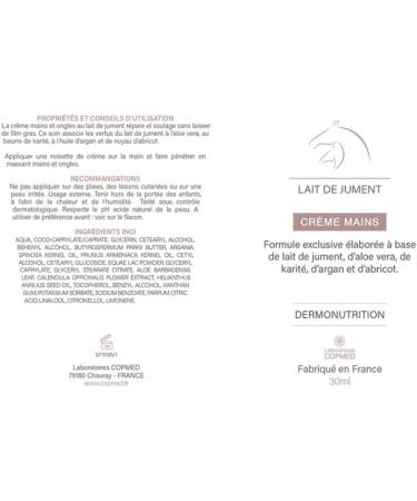 LABORATOIRES COPMED - Hand Cream with Organic Mare Milk - Moisturizing Regenerating Softening Cream - For Dry and Sensitive Skin - Natural Ingredients - Made in France - 30 ml - Buy Online on GoSupps.com