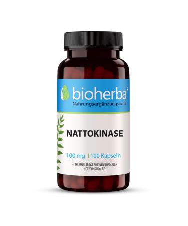 BIOHERBA Nattokinase capsules high dose - 100 capsules each 100 mg - With vitamin B1 - 100 days supply - Enzyme Nattokinase from Natto extract - No unwanted additives - without genetic engineering - PZN: 17192558