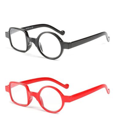 Kodilin round square reading glasses men reading glasses women 2 pieces anti light blue for computers or gaming spring hinge reading glasses (black+red 1.0)