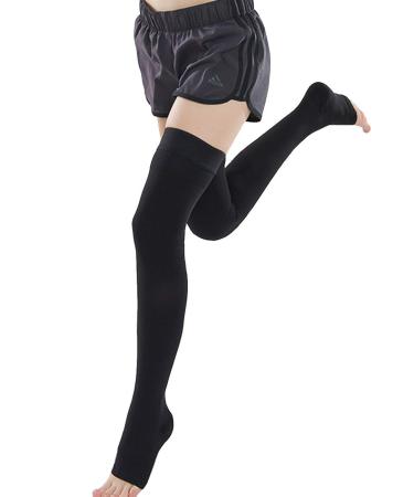 Ailaka Thigh High 20-30 Mmhg Medical Compression Stockings for Women Men Compression Leg Sleeves for Varicose Veins Edema Leg Pain Swollen Feet Post-Surgery Large (1 Pair) Black (Open Toe)