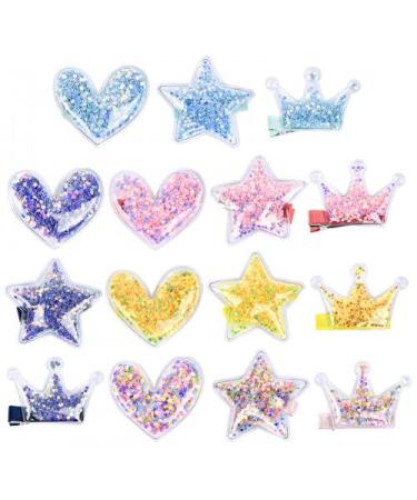 volumoon 15 Pcs Girls Hair Clips Star/Crown/Heart Shaped HairPins Sparkly Cute Hair Clips Colourful Sequin Hair Clips Non-Slip Kids Hair Barrettes for Girls Women Kids Fine Hair Thick Hair