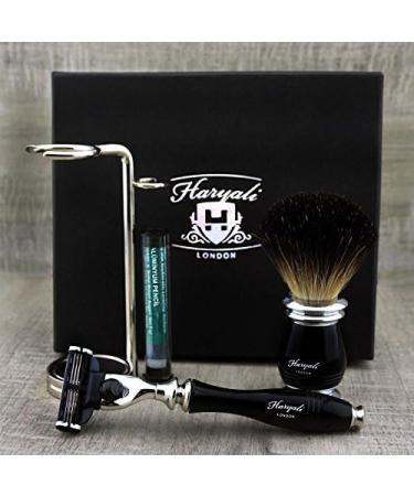 Mens Grooming & Shaving Kit - 4Pc Set with 3 Edge Razor Black Badger Hair Brush Stand & Alum Pencil for Perfect Shave - Buy Online on GoSupps.com