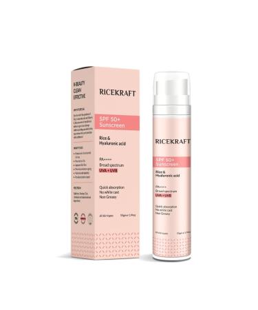 R.ice'kraft SPF 50+ Korean Sunscreen with Rice & Hyaluronic Acid for Broad Spectrum PA++++ Protection | Light weight | Quick absorption No White Cast and Non Greasy | Fragrance Free | For Oily Dry Combination Acne Prone Skin | 55g