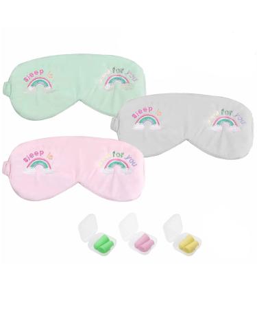 3 Pieces Cute Sleep Eye Mask Soft Comfortable Sleeping Mask Rainbow Print Colorful Blindfold Plush Eye Cover with Reusable Foam Ear Plugs for Kids Girls Women Eye Protect Sleeping Travel Supplies