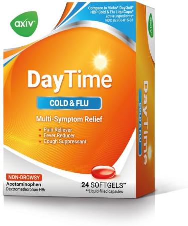 AXIV Daytime Multi-Symptom Daytime Cold and Flu Relief Softgels Non-Drowsy Cold Medicine Relief of Pain Sore Throat Minor Aches and Pains Fever Cough 24 Count 24 Softgels - Buy Online on GoSupps.com