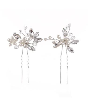 Prosy Bridal Flower Hairpins | Silver Crystal Hair Clips & Pearl Floral Headpiece | 2 Pack for Women & Girls - Buy Online on GoSupps.com