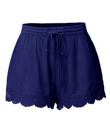 Ronony summer shorts women short pants sleep pants tunnel procession elastic waist solid sports pants jogging pants fabric trousers lace hem lose hot pants m 001#blue