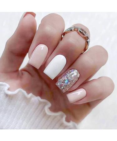 Short French Nails Glitter Press on Nails Matte DIY Cute Square Fake Nails Glossy Decoration False Nails Acrylic Manicure Fake Nails for Women and Girls Glue on Nails 24 (Pcs) design 04
