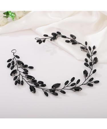 Kercisbeauty Thin Long Black Crystal Beads Headband Wedding Bridal Handmade Hair Piece for Women Girls - Buy Online on GoSupps.com