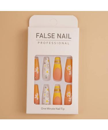 Xerling Glitter Rhinestones Coffin Nails - 24Pcs Floral Daisy Press-On False Nails for Women | French Tip Glue-On Nail Designs - Buy Online on GoSupps.com