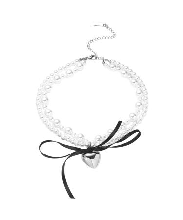 Oralgo's necklace with Korean loop heart-necked chain double-layer pearl choker necklace for women sweet collar jewelry for everyday use black