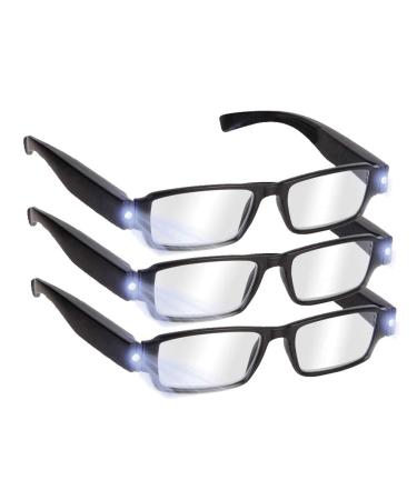 Reading Glasses with Light Bright LED Readers with Lights Reading Glasses Lighted Magnifier Nighttime Reader Compact Full Frame Eyewear Unisex Clear Vision Lighted Eye Glasses,+2.5 Black 2.5 x