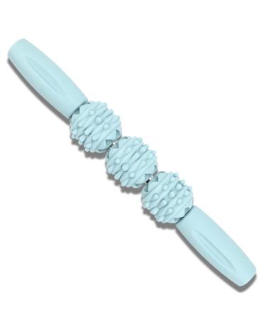 Massage roller stick 3 massage balls muscle scooters for athletes 360 degrees massage fascia muscle roll handheld muscle roll massage roller for stretching muscles for legs back shoulder (blue)