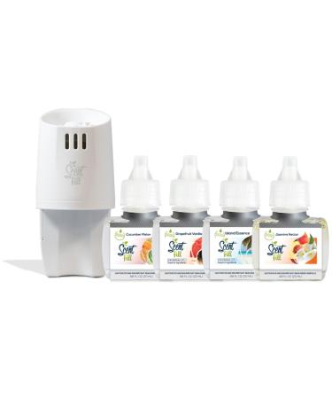 Summer Scent Fill Plug in Air Freshener Kit (Cucumber Melon Grapefruit Vanilla Island Essence and Jasmine Nectar) 4 Refills + Diffuser