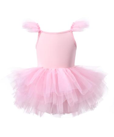 Girls Dance Tutu Dresses Ruffle Sleeve Snap Crotch Ballet Leotards Pink 6-8 Years