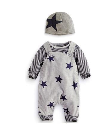 Infant Baby Boys Clothing Sets Newborn Baby Cotton Romper Outfits Suit Toddler Kids Pyjamas 3pcs Long Sleeves T-shirt + Star Pattern Dungarees+ Hat 0-24 Months Grey 6-9 Months