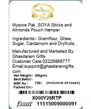 Ghasitaram Gifts Rakhi Gifts for Brothers Rakhi Sweets - Mysore Pak SOYA Sticks and Almonds Pouch Hamper with 2 Pearl Beads Rakhis - Buy Online on GoSupps.com