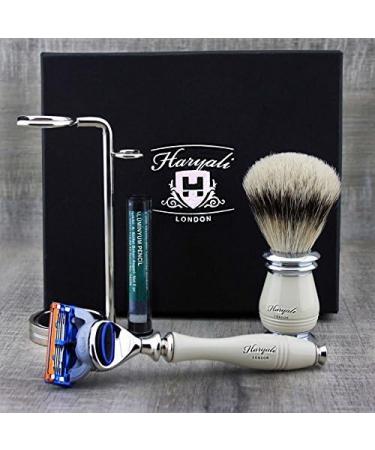 Premium 4Pc Shaving Kit for Men | 5 Edge Razor Silver Tip Badger Brush Stand & Alum Stick | International Shipping - Buy Online on GoSupps.com