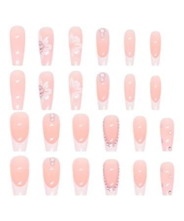 PLCPDM False s Flower Full Cover Tips French White Tip Stick On Rhinestones Press On for Women 1 set 1 box