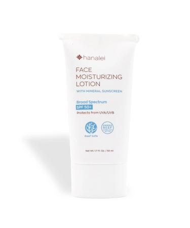 Hanalei Face Moisturizer with Mineral Sunscreen Zinc Oxide | Broad UV Protection SPF 50+ | Invisible Finish No White Cast | Vegan Cruelty-Free NO Oxybenzone & Octinoxate | Fragrance-Free 1.7 Fl. Oz