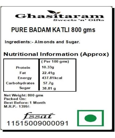 Ghasitaram Gifts Bhaidooj Gifts for Brothers - Pure BADAM KATLI 800 GMS - Buy Online on GoSupps.com