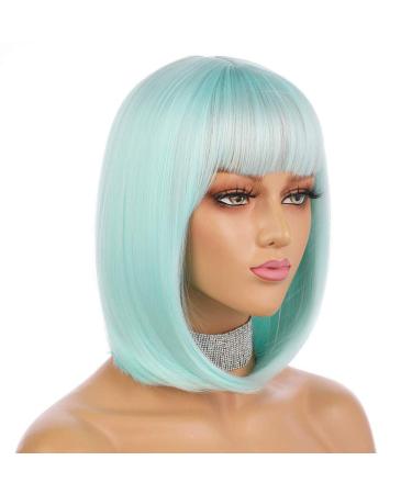eNilecor Short Bob Hair Wigs 12" Straight with Flat Bangs Synthetic Colorful Cosplay Daily Party Wig for Women Natural As Real Hair+ Free Wig Cap (Mint Green)