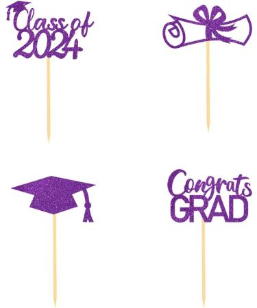 2024 Graduation Theme Cupcake Toppers Glitter Class of 2024 Graduation Cap Diploma Cupcake Picks - Set of 24 (Purple) - Buy Online on GoSupps.com