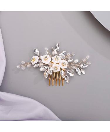 Chargances Bridal Rhinestone White Flower Hair Comb Wedding Beaded Crystal Hair Side Comb Vintage Handmade Hair Accessories for Wedding Bridal Bridesmaid Prom Flower Girls (Gold) - Buy Online on GoSupps.com