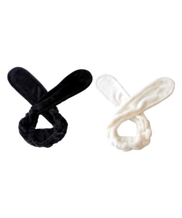 Beaupretty 2 pieces plush rabbit ear washing stitches Wash face hair straps rabbits hair tire flexible frontal band head wrap (black white) picture 2