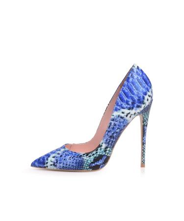 Elisabet Tang Women Pumps Pointed Toe High Heel 4.7 inch/12cm Party Stiletto Heels Shoes Matte 8 Blue Snakeskin