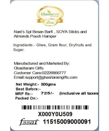 Ghasitaram Gifts Diwali Gifts Diwali Hamper Sweet Hampers - Nani's Spl Besan Barfi SOYA Sticks and Almonds Pouch Hamper Diwali Besan Barfi SOYA Sticks and Almonds - Buy Online on GoSupps.com