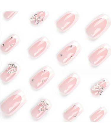 Foccna White Press On Nails - Medium Long Rhinestone Bling Glossy Square 3D Butterfly Fake Nail Tips - 24pcs for Women & Girls - Buy Online on GoSupps.com