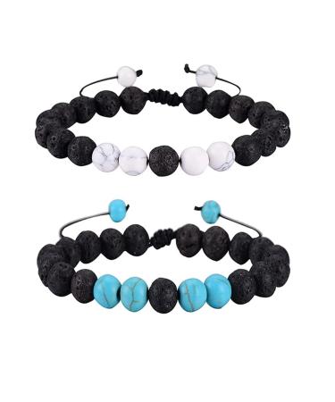 Turquoise Lava Rock Bracelet Healing Volcanic Stone 2pcs Aromatherapy Essential Oil Diffuser Adjustable Round Beads Stretch Bangle Stress Relief Yoga Anxiety (SL8-100-Turquoise/White)