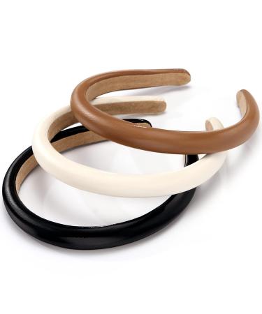 BOMTTY 3 Pcs Padded Headbands for Women  Solid Color Leather Headbands  Fashion Headwear  Girls Women Hair Accessories (Black + white + brown) White Brown Coffee