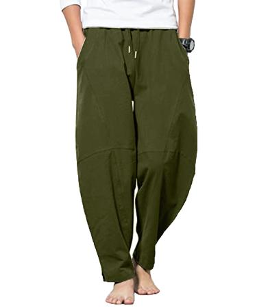 YAOBAOLE Men's Pants Cotton Linen Harem Pants Men with Pockets Casual Pants Men M Army Green