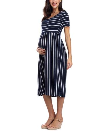 Love2Mi Womens Short-Sleeve Maternity Dress XL Navy White Stripe | Casual A-Line Midi Pregnant Dress - Buy Online on GoSupps.com